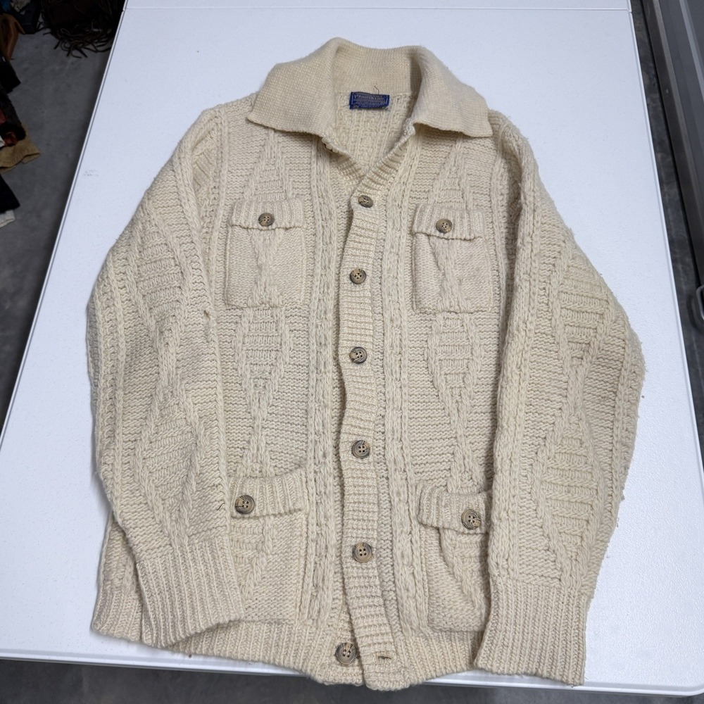 Pendleton Cardigan Sweater Mens M Cream Good Cable Knit Wool Button Front